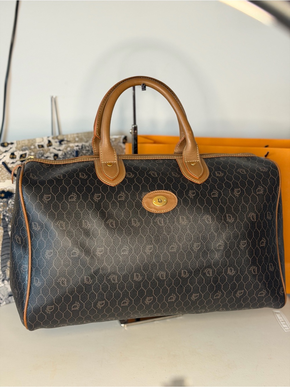 Christian Dior Vintage Honeycomb Monogram Boston Duffel Bag Brown Canvas